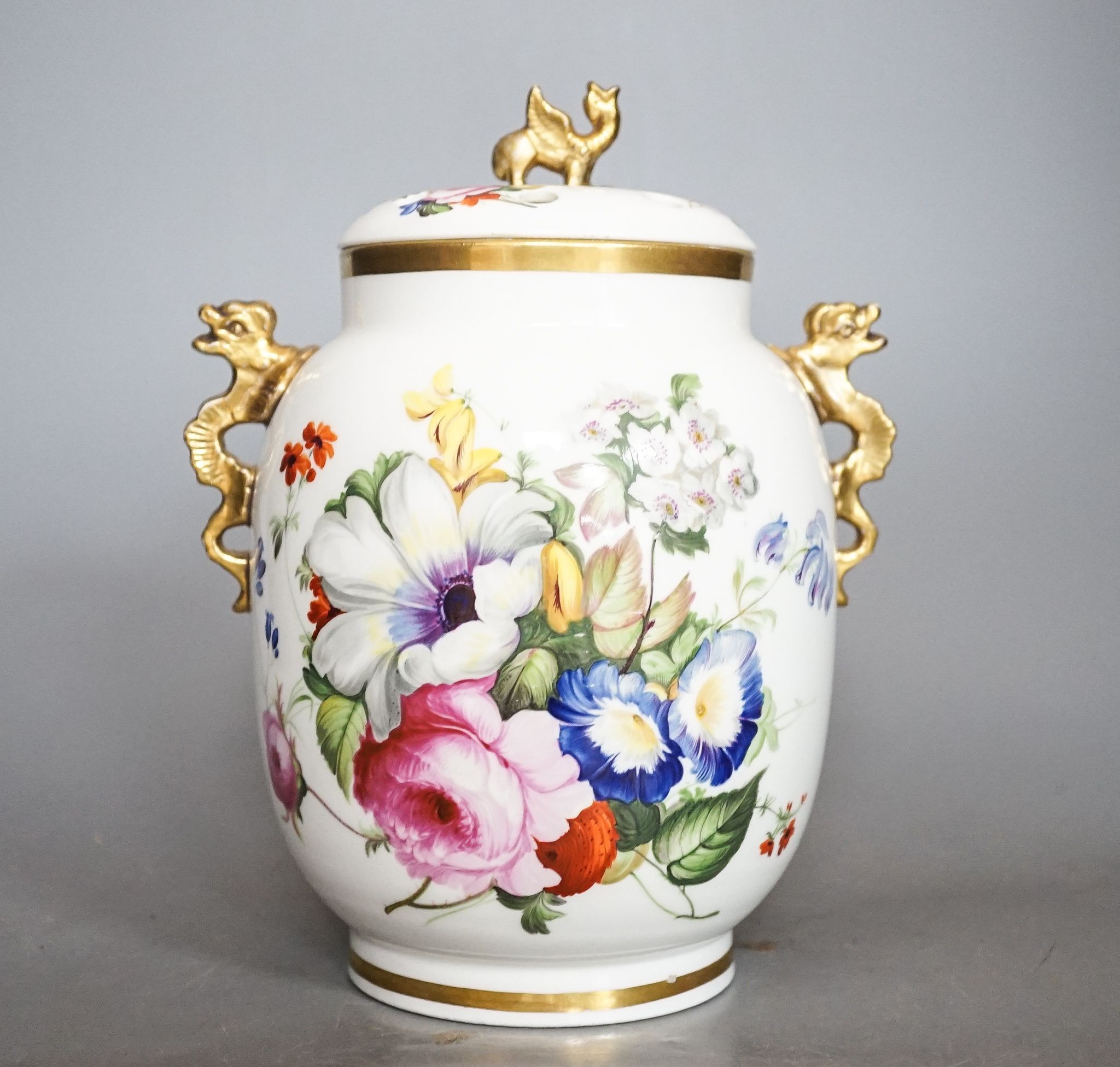 An English porcelain pot pourri vase, cover and inner cover, probably Coalport, painted with roses and flowers 21cm